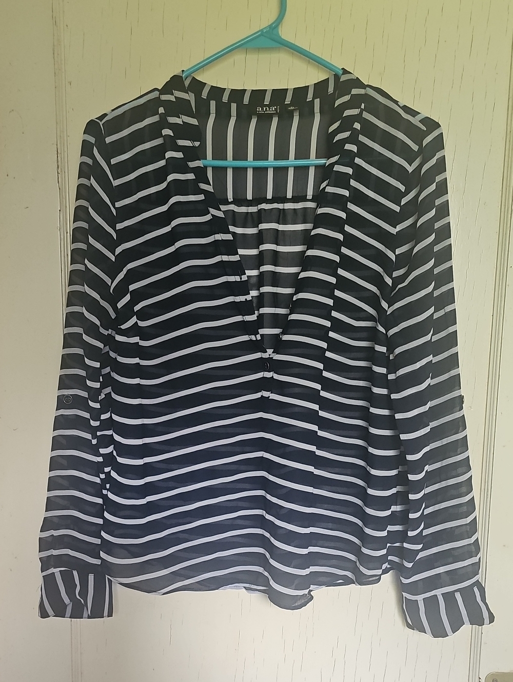 A.N.A. Blue and White Striped Split-Neck Blouse